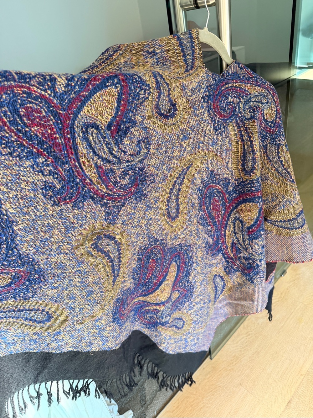 Paisley Fringe Reversible Shawl Wrap in Rich Red and Black & Blue and Yellow - Picture 7 of 9